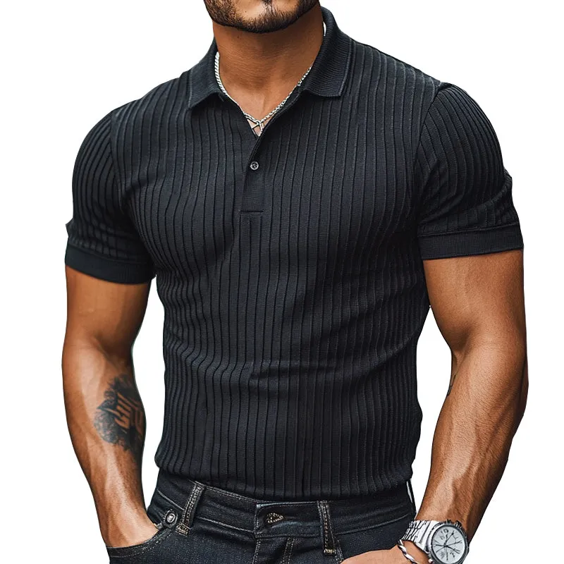 Men's Retro Casual Solid Color Striped Short Sleeve Polo Shirt MTA1988C8TO sold by Manly