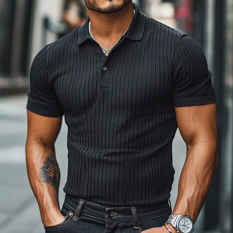 Men's Retro Casual Solid Color Striped Short Sleeve Polo Shirt MTA1988C8TO sold by Manly product image thumbnail 2