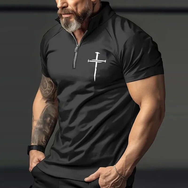 Men's Retro Casual Cross Print Zipper Short Sleeve T-Shirt MTA1963C7TO sold by Manly product image thumbnail 2