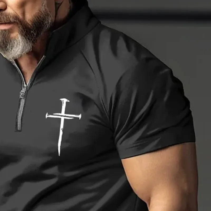 Men's Retro Casual Cross Print Zipper Short Sleeve T-Shirt MTA1963C7TO sold by Manly product image thumbnail 3