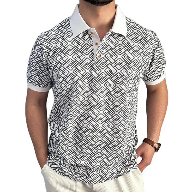 Men's Retro Casual Geometric Print Lapel Short Sleeve Polo Shirt MTA1954C7TO sold by Manly