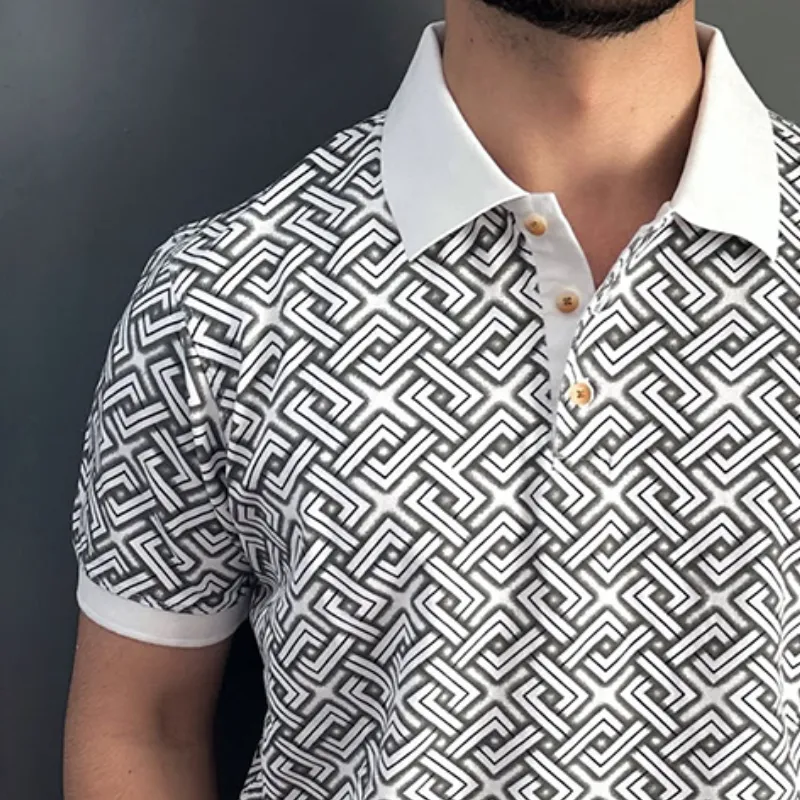 Men's Retro Casual Geometric Print Lapel Short Sleeve Polo Shirt MTA1954C7TO sold by Manly product image thumbnail 3