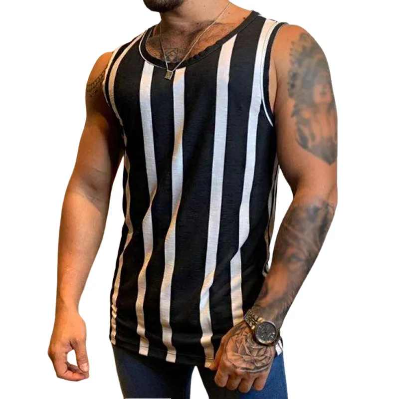 Men's Retro Casual Striped Print Crew Neck Tank Top MTA1972C5TO sold by Manly
