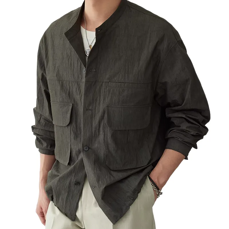 Men's Solid Color Stand Collar Single Breasted Multi-pocket Cargo Jacket MTA1922C0Z sold by Manly