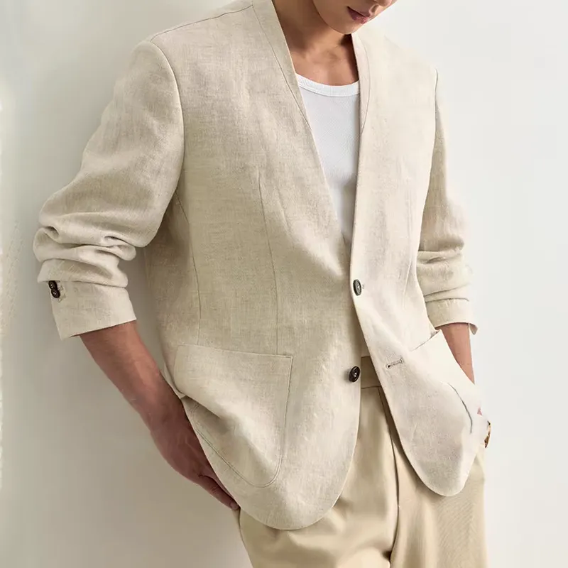 Men's Solid Color Cotton And Linen V Neck Two Buttons Blazer MTA1938C1Z sold by Manly product image thumbnail 2