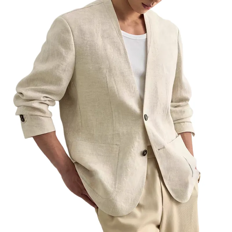 Men's Solid Color Cotton And Linen V Neck Two Buttons Blazer MTA1938C1Z sold by Manly