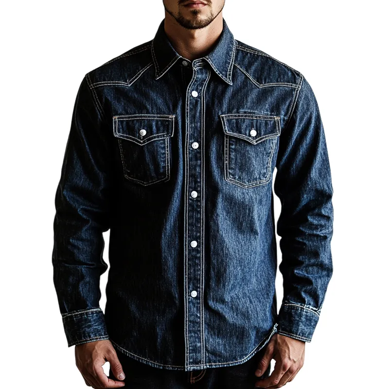 Men's Fashion Lapel Chest Pocket Single Breasted Denim Shirt MTA1977C3Z sold by Manly