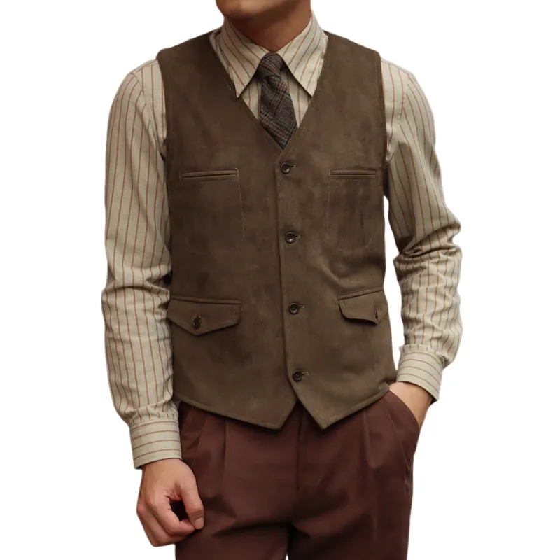 Men's Solid Suede V Neck Single Breasted Multi-pocket Vest MTA1920C8Z sold by Manly