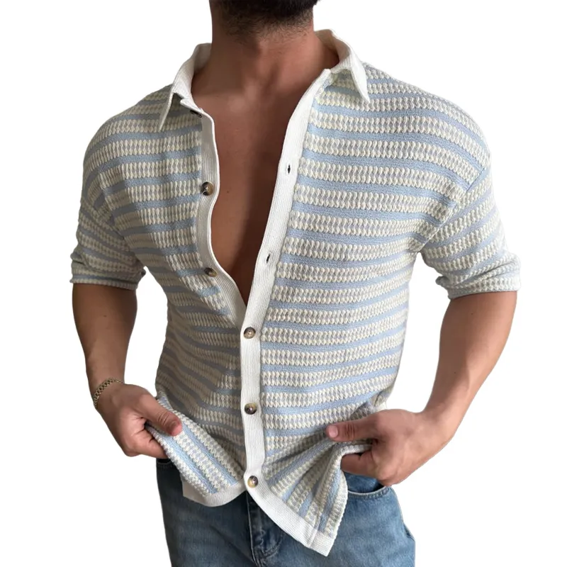 Men's Fashion Knit Striped Lapel Short Sleeve Polo Shirt MTA2071C2Z sold by Manly