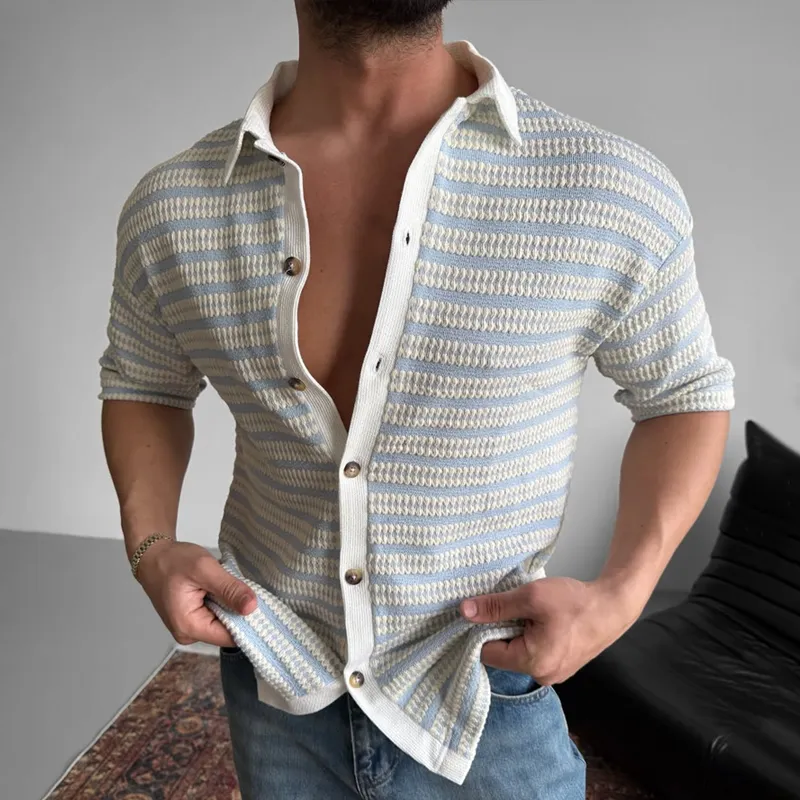 Men's Fashion Knit Striped Lapel Short Sleeve Polo Shirt MTA2071C2Z sold by Manly product image thumbnail 2