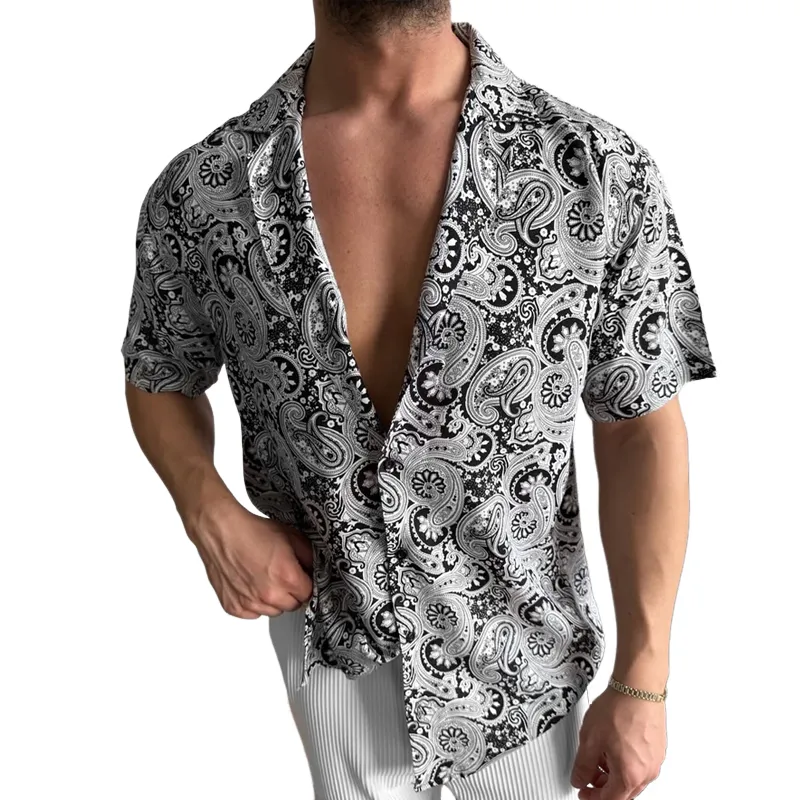 Men's Fashion Paisley Print Lapel Short Sleeve Shirt MTA2086C8Z sold by Manly