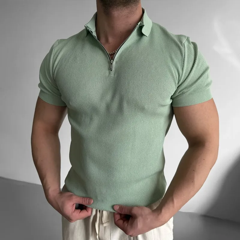 Men's Solid Striped Lapel Short Sleeve Polo Shirt MTA2024C9Z sold by Manly product image thumbnail 2