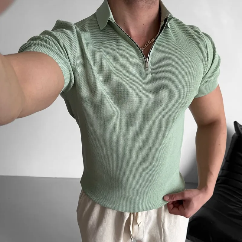 Men's Solid Striped Lapel Short Sleeve Polo Shirt MTA2024C9Z sold by Manly product image thumbnail 3