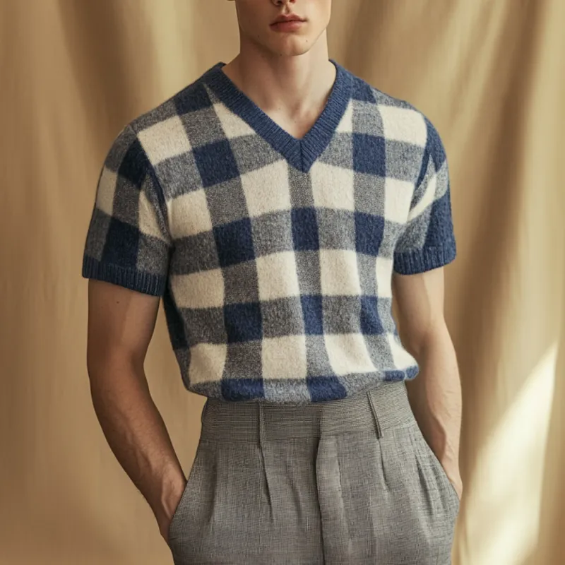 Men's Casual Plaid V-neck Slim Fit Knitted Short Sleeve Sweater T-Shirt MTA1825C8M sold by Manly product image thumbnail 2