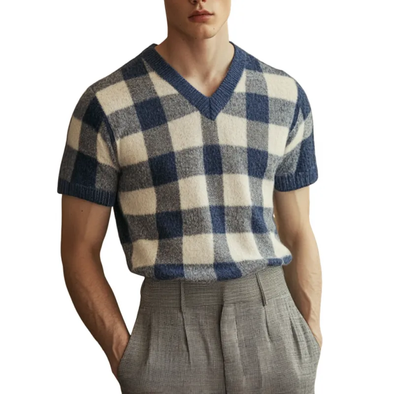 Men's Casual Plaid V-neck Slim Fit Knitted Short Sleeve Sweater T-Shirt MTA1825C8M sold by Manly