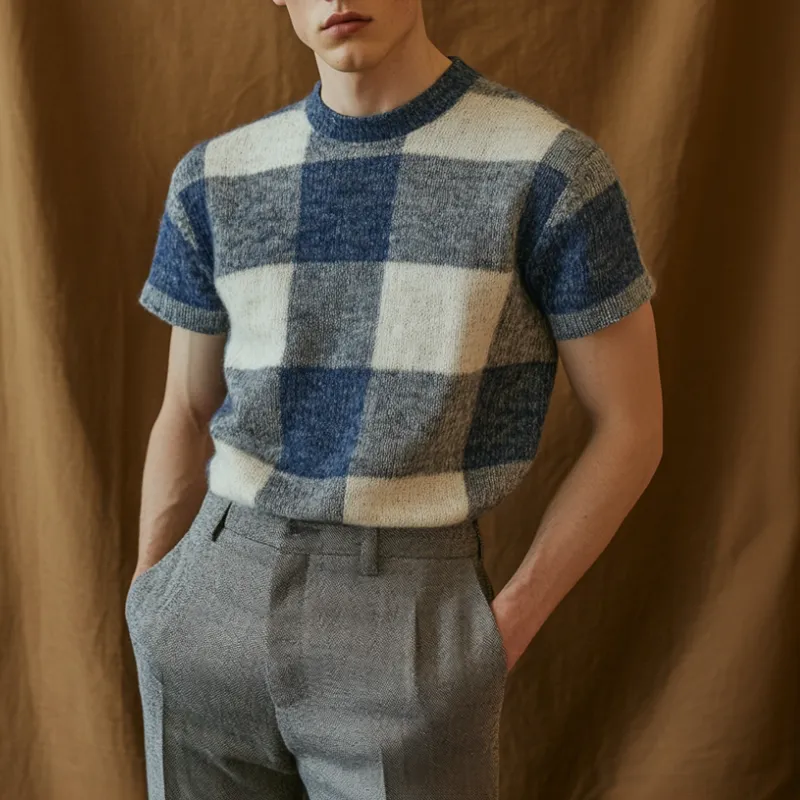 Men's Casual Plaid Round Neck Slim Fit Knitted Short Sleeve Sweater T-Shirt MTA1801C8M sold by Manly product image thumbnail 2