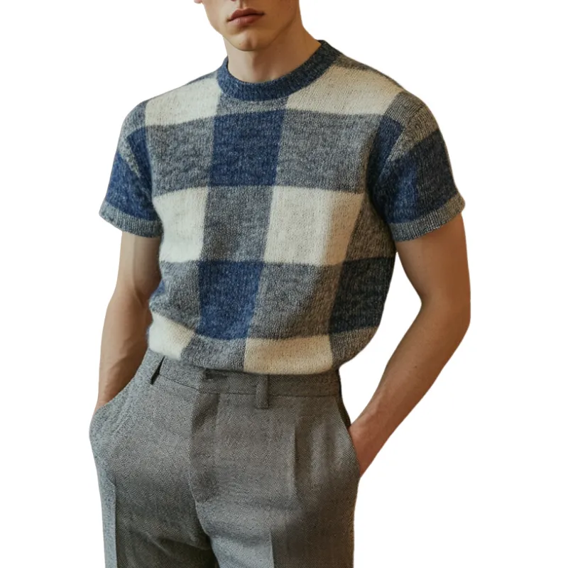 Men's Casual Plaid Round Neck Slim Fit Knitted Short Sleeve Sweater T-Shirt MTA1801C8M sold by Manly