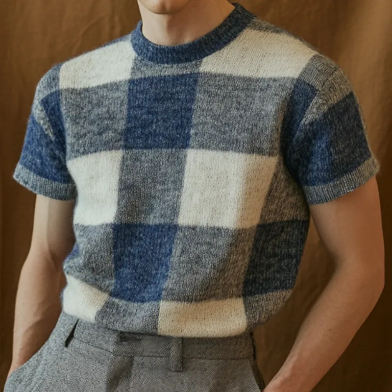 Men's Casual Plaid Round Neck Slim Fit Knitted Short Sleeve Sweater T-Shirt MTA1801C8M sold by Manly product image thumbnail 3