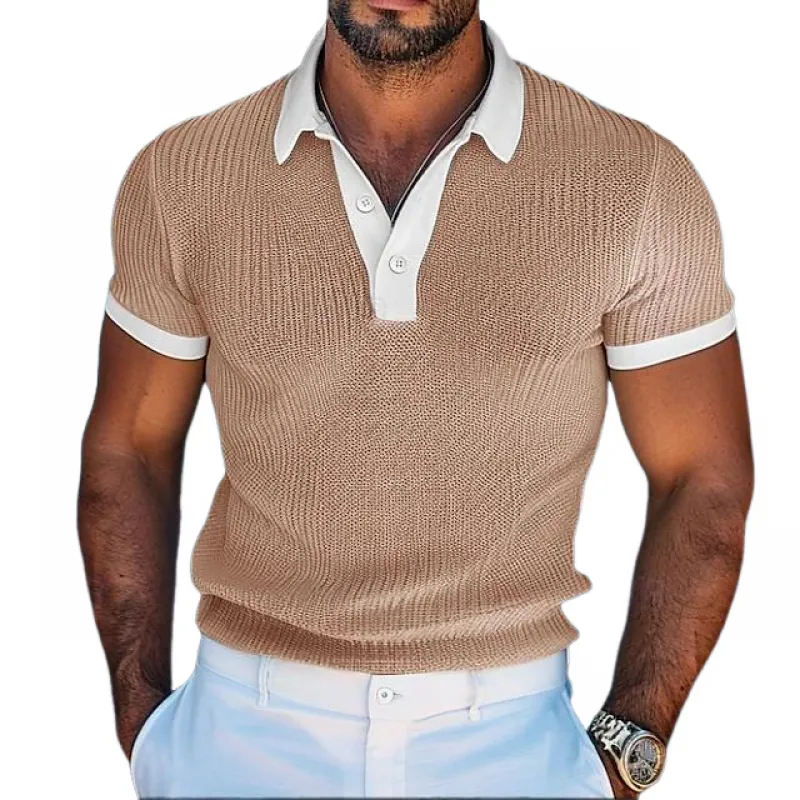 Men's Casual Contrast Lapel Slim Fit Knitted Short Sleeve Sweater T-Shirt MTA1837C4M sold by Manly