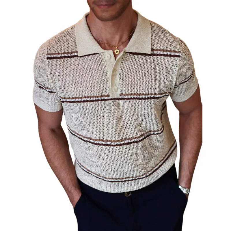 Men's Casual Lapel Striped Jacquard Loose Knitted Short Sleeve Sweater T-Shirt MTA1825C6M sold by Manly