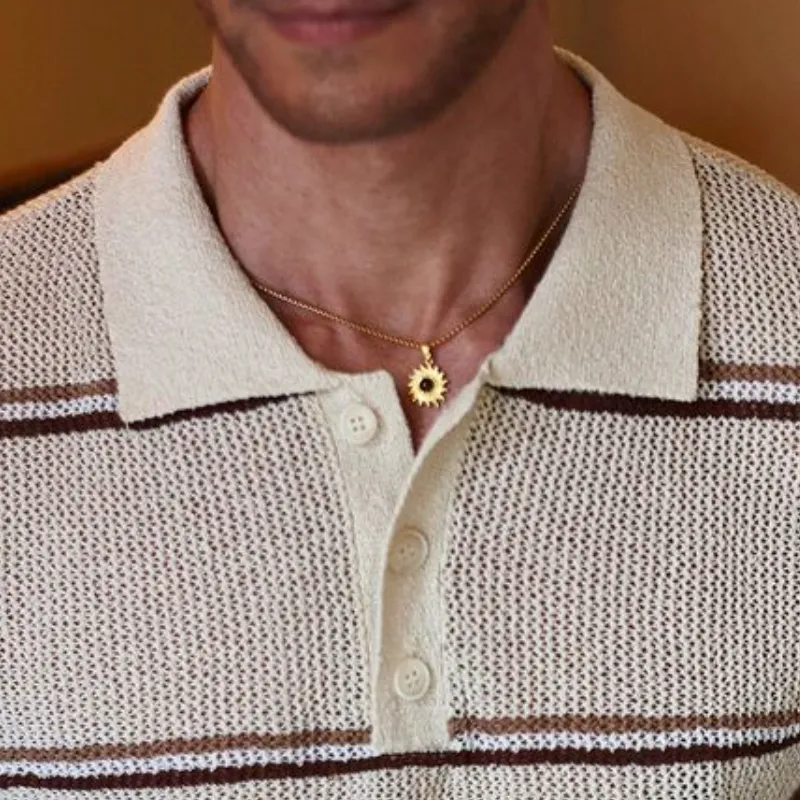 Men's Casual Lapel Striped Jacquard Loose Knitted Short Sleeve Sweater T-Shirt MTA1825C6M sold by Manly product image thumbnail 2