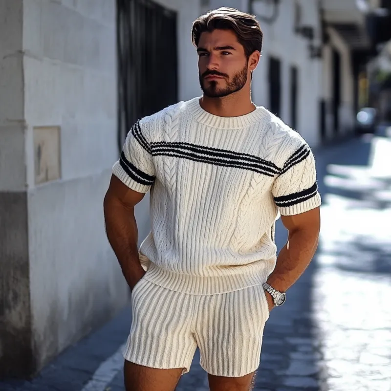 Men's Retro Contrast Jacquard Round Neck Loose Short Sleeve Sweater Elastic Waist Shorts Set MTA1984C1M sold by Manly product image thumbnail 3