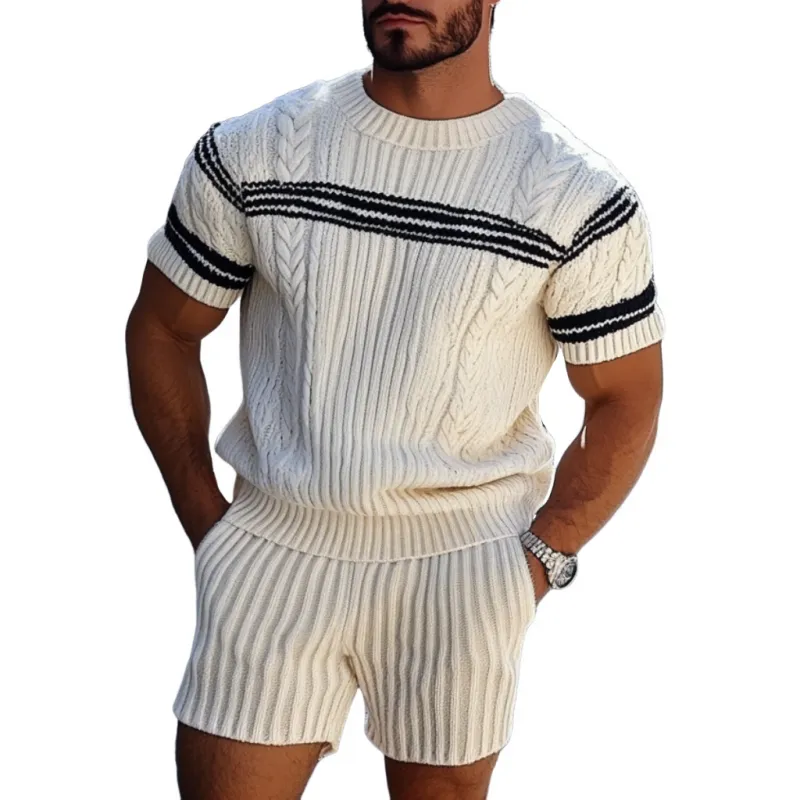 Men's Retro Contrast Jacquard Round Neck Loose Short Sleeve Sweater Elastic Waist Shorts Set MTA1984C1M sold by Manly