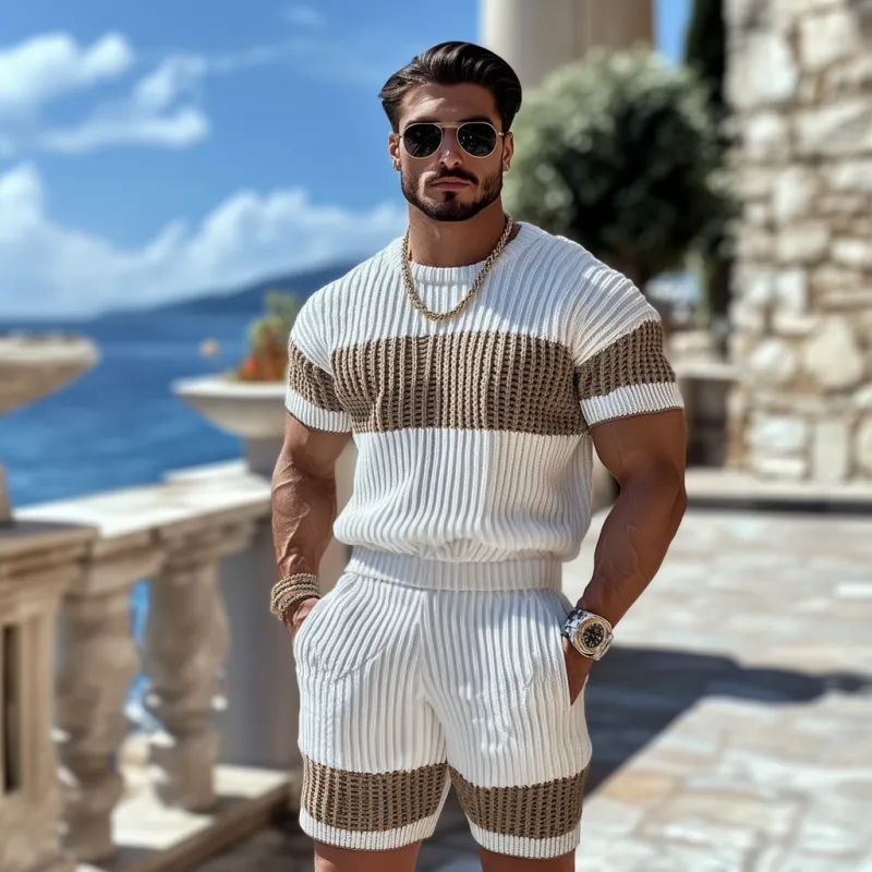 Men's Casual Contrast Color Round Neck Loose Short Sleeve Sweater Elastic Waist Shorts Set MTA1976C7M sold by Manly product image thumbnail 3