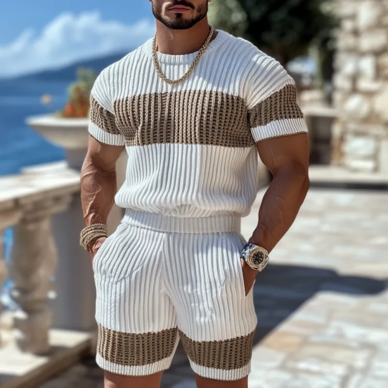 Men's Casual Contrast Color Round Neck Loose Short Sleeve Sweater Elastic Waist Shorts Set MTA1976C7M sold by Manly product image thumbnail 2