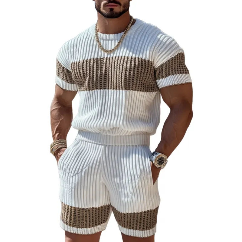 Men's Casual Contrast Color Round Neck Loose Short Sleeve Sweater Elastic Waist Shorts Set MTA1976C7M sold by Manly