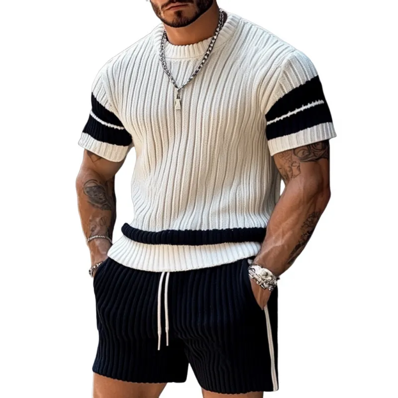 Men's Casual Contrast Color Round Neck Loose Short Sleeve Sweater Elastic Waist Shorts Set MTA1990C2M sold by Manly