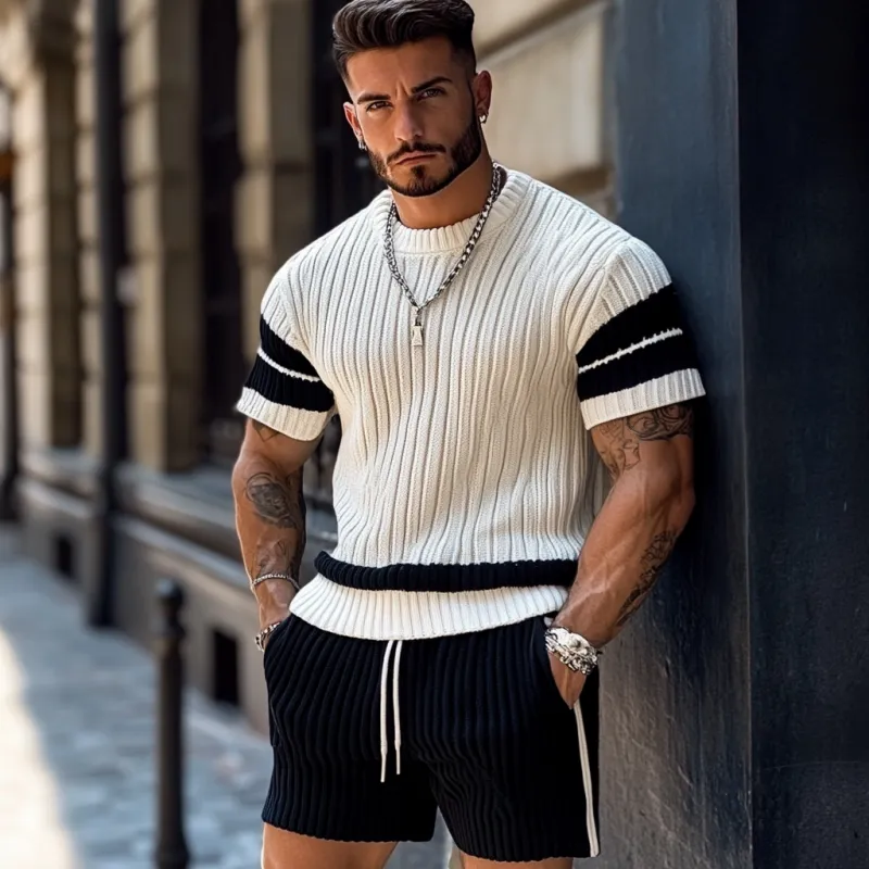 Men's Casual Contrast Color Round Neck Loose Short Sleeve Sweater Elastic Waist Shorts Set MTA1990C2M sold by Manly product image thumbnail 3