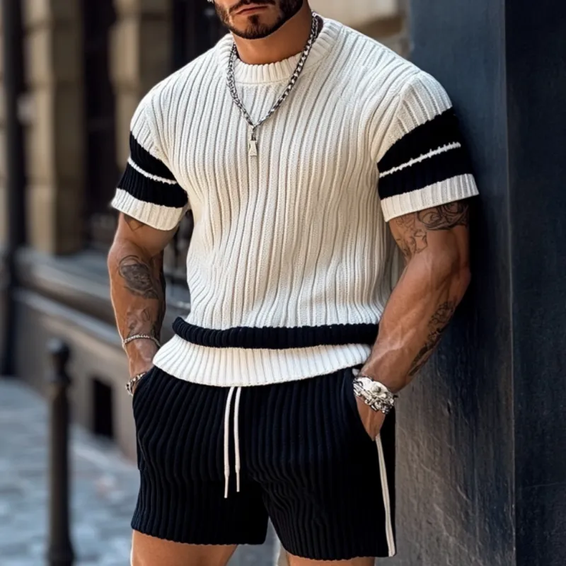 Men's Casual Contrast Color Round Neck Loose Short Sleeve Sweater Elastic Waist Shorts Set MTA1990C2M sold by Manly product image thumbnail 2