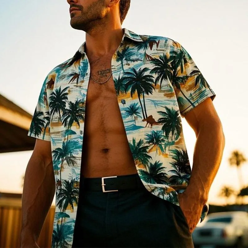 Men's Palm Tree Print V-Neck Short Sleeve Shirt MTA2048C9X sold by Manly product image thumbnail 2
