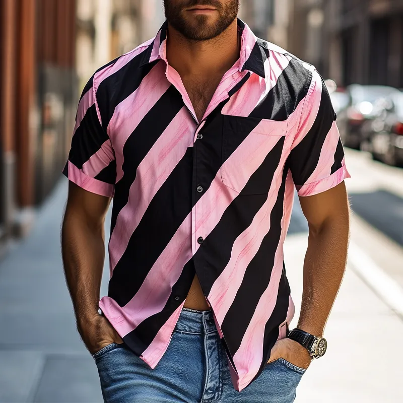 Men's American Casual Striped Printed Chiffon Short Sleeve Shirt MTA2003C6K sold by Manly product image thumbnail 2