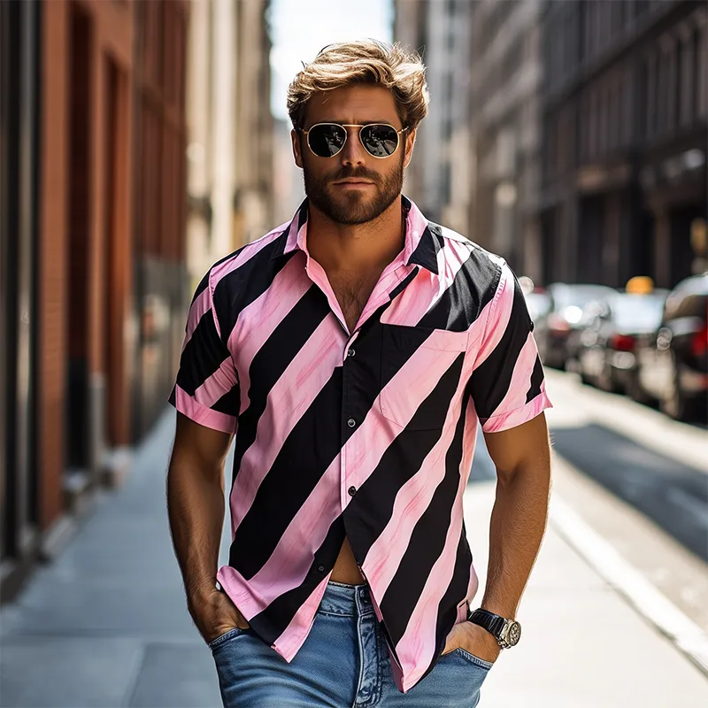 Men's American Casual Striped Printed Chiffon Short Sleeve Shirt MTA2003C6K sold by Manly product image thumbnail 3