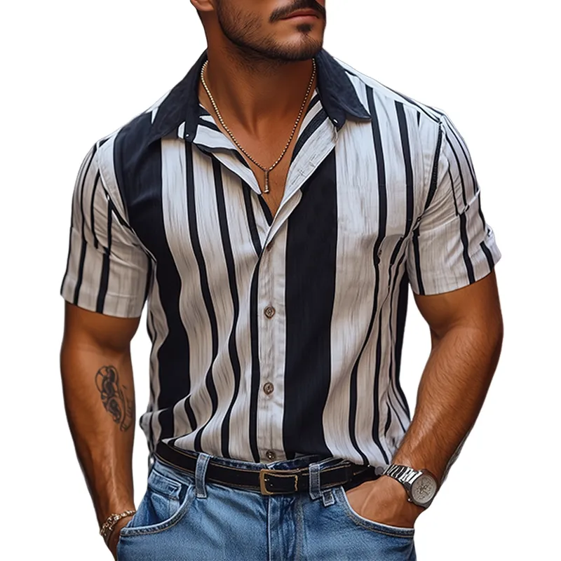 Men's Retro Casual Vertical Stripe Printed Chiffon Short Sleeve Shirt MTA2024C4K sold by Manly