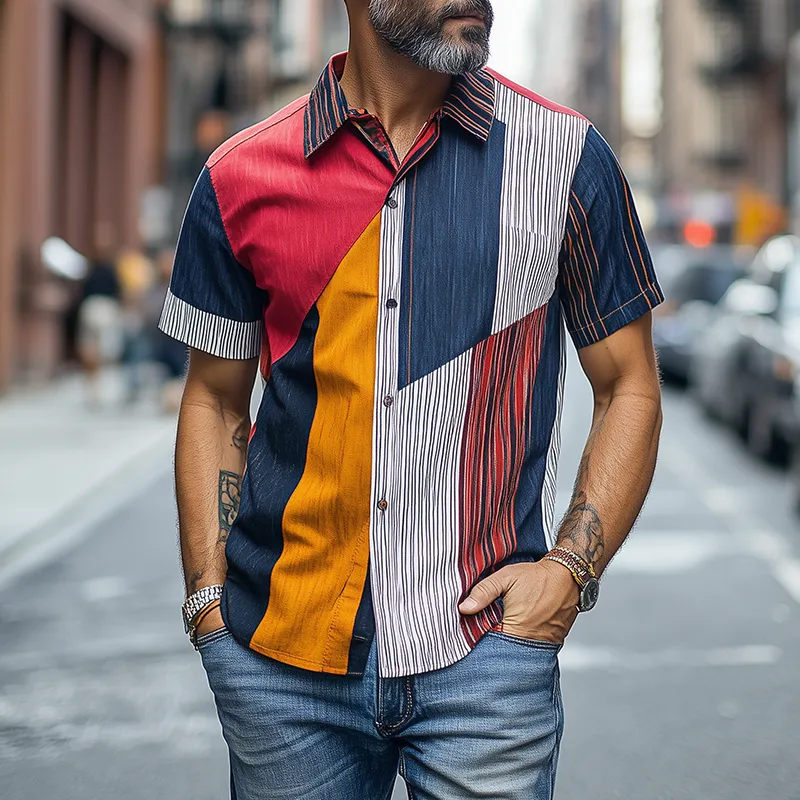 Men's Retro Fashion Casual Striped Contrast Chiffon Short Sleeve Shirt MTA2020C0K sold by Manly product image thumbnail 2