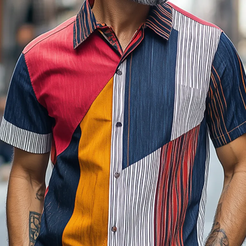 Men's Retro Fashion Casual Striped Contrast Chiffon Short Sleeve Shirt MTA2020C0K sold by Manly product image thumbnail 4