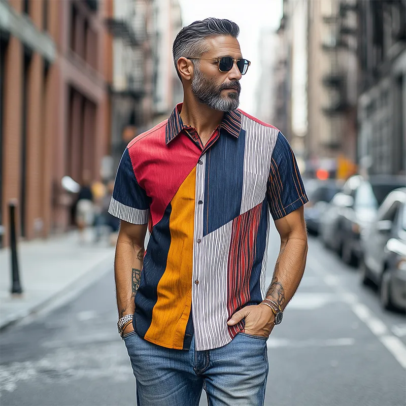Men's Retro Fashion Casual Striped Contrast Chiffon Short Sleeve Shirt MTA2020C0K sold by Manly product image thumbnail 3