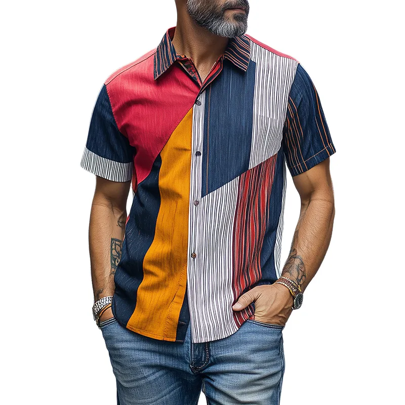 Men's Retro Fashion Casual Striped Contrast Chiffon Short Sleeve Shirt MTA2020C0K sold by Manly