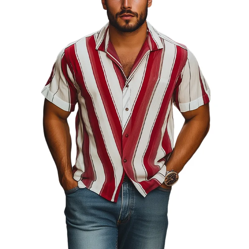 Men's Fashion Casual Striped Contrast Chiffon Short Sleeve Shirt MTA2009C1K sold by Manly