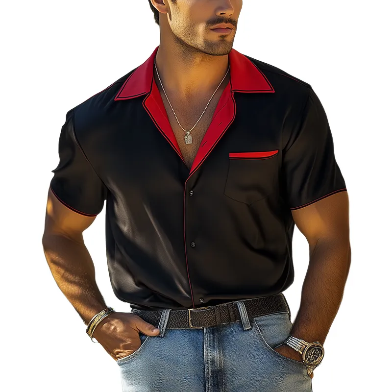 Men's Fashion Spring and Summer Contrast Color Stitching Satin Short Sleeve Shirt MTA2028C4K sold by Manly