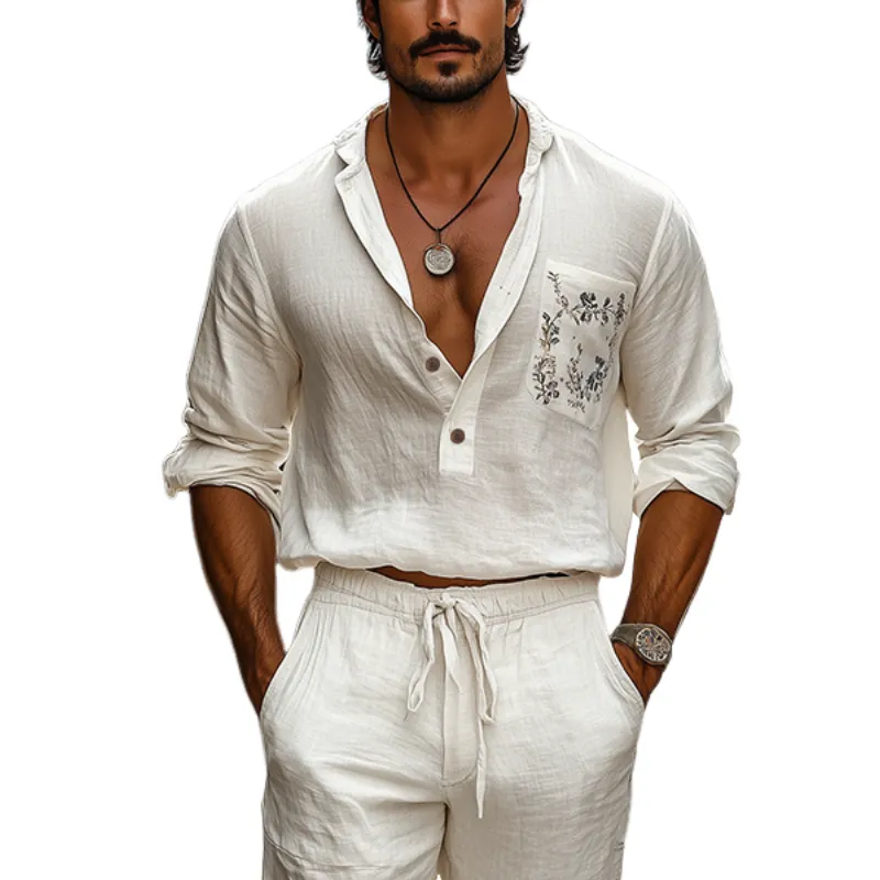 Men's Spring and Summer Casual Deep V-Neck Cotton and Linen Embroidered Long Sleeve Shirt MTA2057C8K sold by Manly