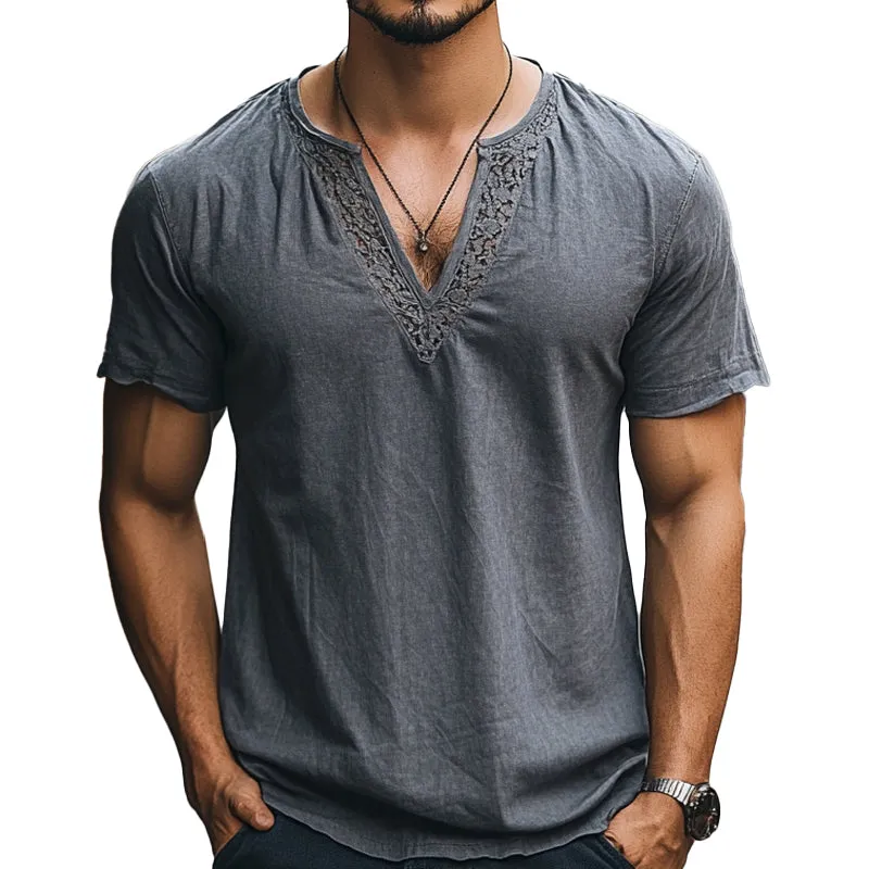 Men's Casual Lace Spliced V-Neck Short Sleeve T-Shirt MTA1868C7X sold by Manly