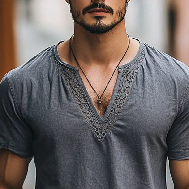 Men's Casual Lace Spliced V-Neck Short Sleeve T-Shirt MTA1868C7X sold by Manly product image thumbnail 3