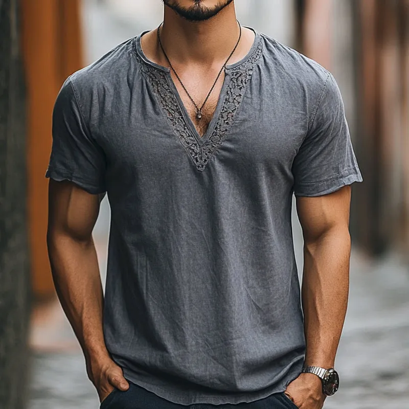 Men's Casual Lace Spliced V-Neck Short Sleeve T-Shirt MTA1868C7X sold by Manly product image thumbnail 2