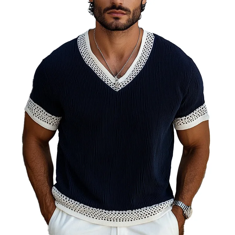 Men's Contrast Knit V-Neck Short Sleeve Sweater  T-Shirt MTA1853C1X sold by Manly