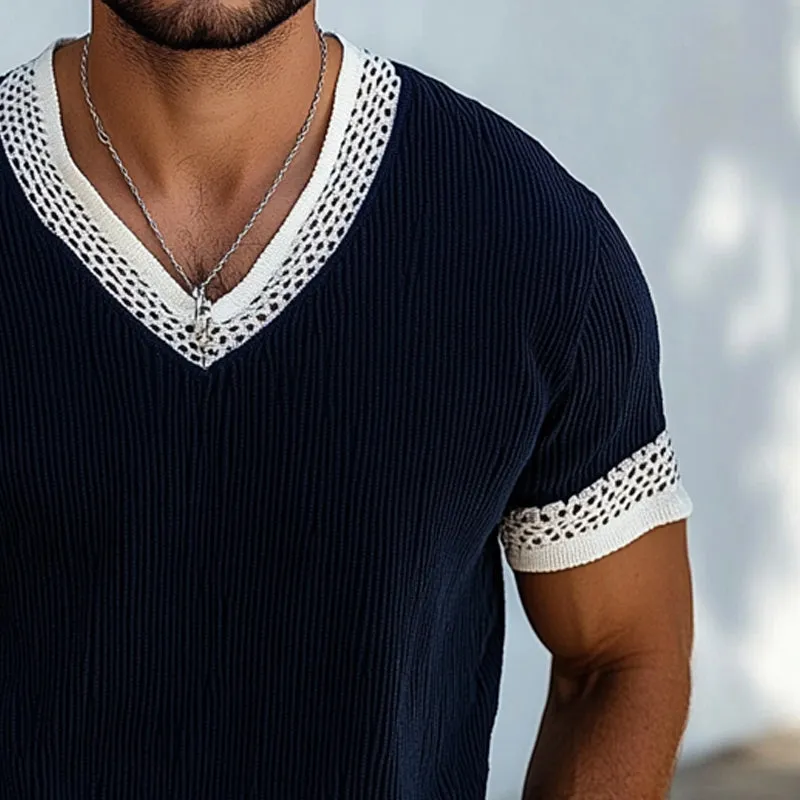 Men's Contrast Knit V-Neck Short Sleeve Sweater T-Shirt MTA1853C1X sold by Manly product image thumbnail 3