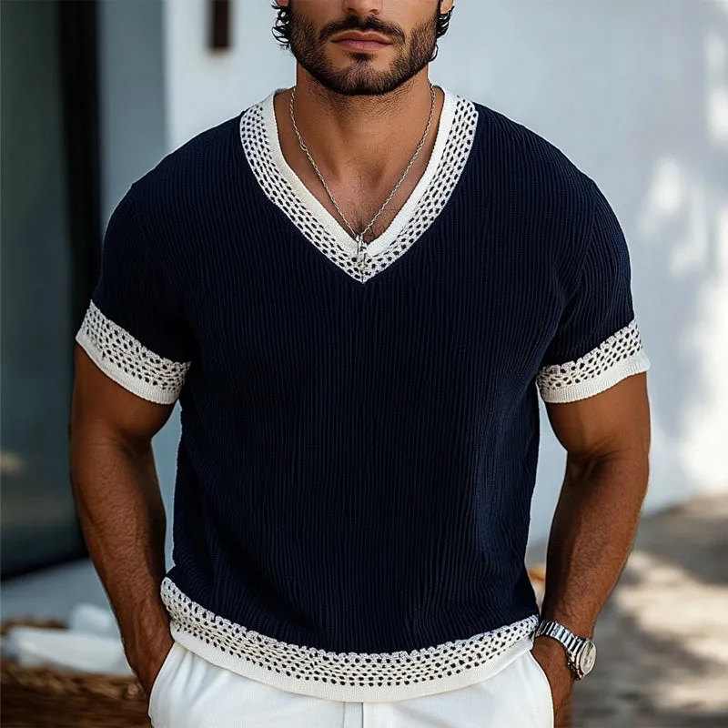 Men's Contrast Knit V-Neck Short Sleeve Sweater T-Shirt MTA1853C1X sold by Manly product image thumbnail 2